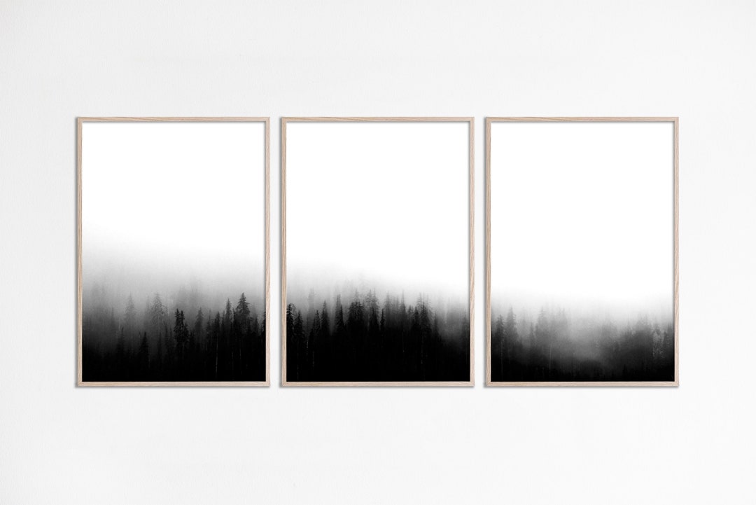 Minimal Foggy Forest 3 Piece Wall Art Nordic Black and White Misty ...