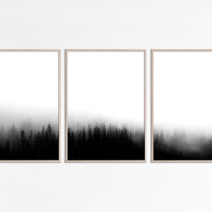 Minimal foggy forest 3 piece wall art Nordic black and white misty mountain Triptych Nordic Wall Art minimal Modern Scandinavian home style