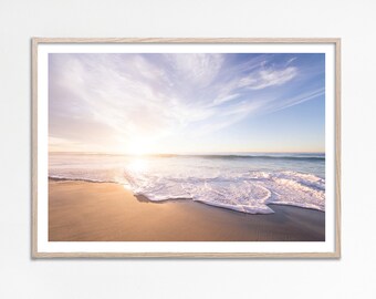 Beach Sunset Print, Landscape Beach Photography, Pastel Beach Wall Art Print, Calming Coastal print Neutral Coastal Poster, Beach Wave print