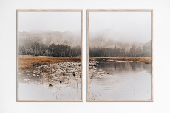 Autumn Lake house art print set of 2 Rustic Landscape Photography Neutral Lake house decor Nature Printable Art Mountain Lake Decor download