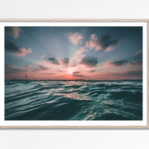 Ocean Sunset Print, Pastel Ocean Print Pastel Sunset Wall Art, Blush Pink Beach Sunset Art Print, Ocean Photography Coastal Wall Art digital