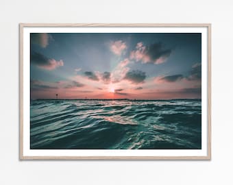 Ocean Sunset Print, Pastel Ocean Print Pastel Sunset Wall Art, Blush Pink Beach Sunset Art Print, Ocean Photography Coastal Wall Art digital