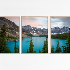 Panoramic lake landscape print set of 3 posters, Alberta Canada nature landscape images and pictures lake house printable wall art download