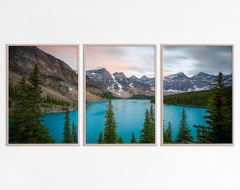 Panoramic lake landscape print set of 3 posters, Alberta Canada nature landscape images and pictures lake house printable wall art download