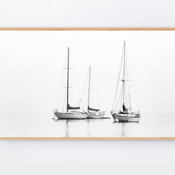 Samsung Frame TV Art Sailing boat Black and white photography, Boats on the Lake landscape mist TV art, Digital Samsung Frame TV Download