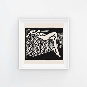 Nude Woman on Sofa, Black and White Expressionist Print, Nudist Art