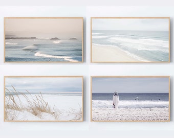Samsung Frame TV Art set, Neutral Beach Frame Tv Set of 4 Pastel Tones Coastal Gallery wall Ocean Frame TV Surf board photo tv art download