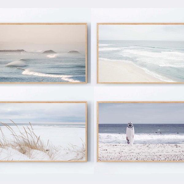 Samsung Frame TV Art set, Neutral Beach Frame Tv Set of 4 Pastel Tones Coastal Gallery wall Ocean Frame TV Surf board photo tv art download