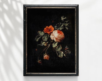 Vintage Floral Still Life Print, Dark Academia Rose Painting, Botanical Wall Art, Dramatic wall art, Romantic Home Decor