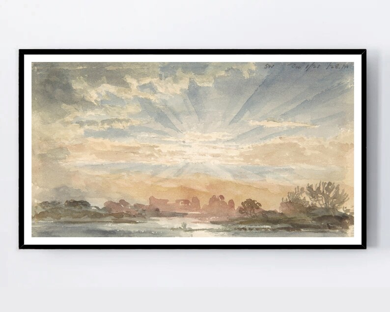 May include: A watercolor painting of a sunset over a body of water. The sky is filled with soft, pastel colors of pink, orange, and blue, with rays of light emanating from the sun. The water is calm and reflective, and there are trees and bushes in the foreground.