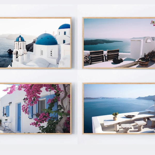 Samsung Frame TV Art Set of 4 Santorini photos for Samsung Frame TV Greece Photography Bougainvillea photos Download For Tv Instant Download