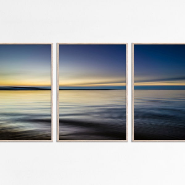 Panoramic ocean sunset prints, Abstract coastal photography, Triptych set of 3 posters, Minimalist bedroom 3 piece wall art digital download