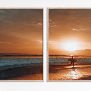 Surfkunst set van 2 prints Californië oceaan golven zonsondergang surf print strand muur kunst zonsondergang print surfplank muur kunst zomer prints strand poster