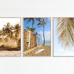 Set of 3 prints, Palm trees print, Beach Decor, Tropical wall decor, Surfboard Wall Art, Boho Beach Decor, Coastal Print set of 3 printables