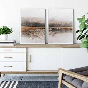 Pu&ograve; includere: Due fotografie incorniciate di una scena di lago nebbioso con alberi e montagne sullo sfondo. Il lago &egrave; ricoperto di ninfee e l'acqua &egrave; calma e riflettente.