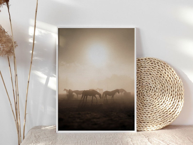 May include: A framed photograph of a group of horses silhouetted against a hazy, golden sunrise. The horses are standing in a field, and the sun is shining brightly in the sky.