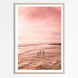 Pink Sunset Surf Print, Beach Sunset poster, Blush pink beach print, California Sunset Pastel beach print, Ocean photography surfing print