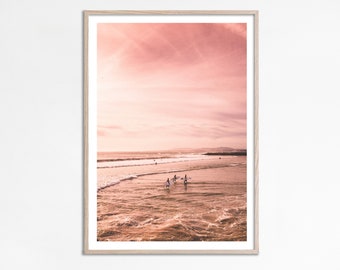 Rosa Sonnenuntergang Surfen Druck, Strand Sonnenuntergang Plakat, Blush rosa Strand Druck, Kalifornien Sonnenuntergang Pastell Strand Druck, Ozean Fotografie Surfen Druck