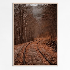 Railroad Autumn Photography, Woodland Landscape prints, autumn leaves printable wall art, Fall Home Decor, Autumn decor, Train tracks print