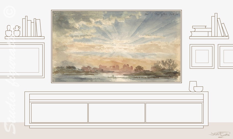 May include: A framed watercolor painting of a sunset over a body of water with a town in the distance. The painting is hanging on a wall above a brown wooden cabinet with three drawers.