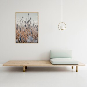 May include: A light wood platform bed with a light blue cushion and a framed print of lavender flowers hanging on a white wall. A gold pendant light hangs above the bed.