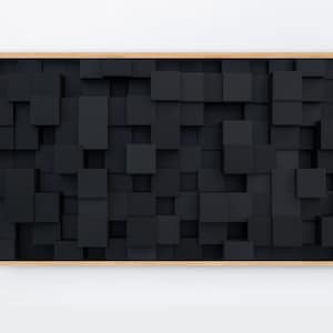 May include: A framed artwork featuring a black and white abstract design of a wall made of many small squares.