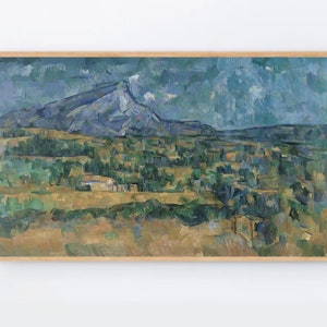 May include: A painting of a landscape with a large mountain in the background. The mountain is painted in shades of blue and gray, and the sky is a stormy blue. The foreground is a field of green and brown, with trees and bushes scattered throughout.