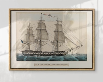 May include: A vintage illustration of the U.S. Frigate Constitution, a historic American warship, sailing on a calm sea. The ship is depicted with its sails billowing in the wind, and the image is framed in a simple wooden frame.