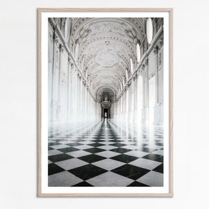 Italian architecture, Black and White Arched hallway, Aesthetic Wall Art Poster, Checkers floor minimal poster photography, Digital download