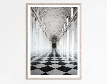 Italian architecture, Black and White Arched hallway, Aesthetic Wall Art Poster, Checkers floor minimal poster photography, Digital download