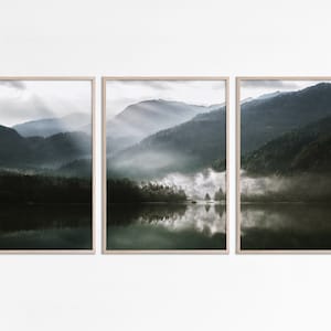 Misty lake Gallery Wall Set of 3 piece wall art Entryway print set foggy lake landscape triptych alpine forest wall art Lake Forest download