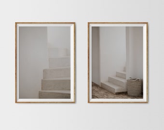 Lot de 2 impressions architecture, affiches d'escalier blanches, impressions neutres, ensemble d'impressions d'escaliers, impressions organiques modernes, décoration d'intérieur minimale