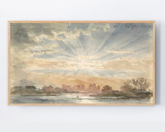 Samsung Frame TV Art calm pastel colors Sunrise beach painting, Watercolor Landscape Rising Sun Painting, Sunset TV frame art, Digital Art