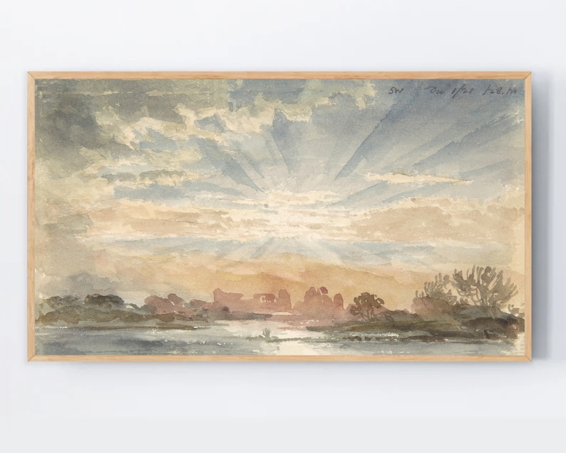May include: A watercolor painting of a sunset over a body of water. The sky is filled with soft, pastel colors of pink, orange, and blue, with rays of light emanating from the sun. The water is a calm, reflective surface, and there are trees and bushes in the foreground.