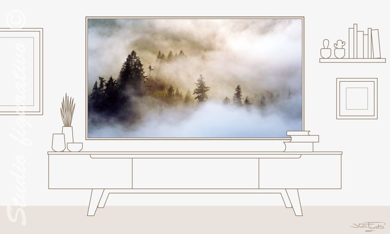 May include: A line drawing of a living room interior with a television on a stand, a shelf with books and small plants, and a framed picture on the wall. The television is displaying a landscape scene with a misty forest.