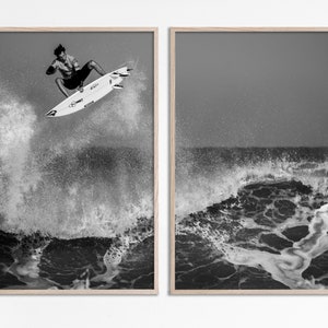 Cartel de surf, conjunto de arte de pared de surf en blanco y negro, surfista masculino Conjunto de impresiones de surf en blanco y negro de 2 Ocean Beach print Surf Printable Beach Decor