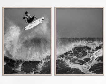 Surf Poster, Black White Surfing Wall Art Set, Male surfer Black and white surf prints set of 2 Ocean Beach print Surf Printable Beach Decor
