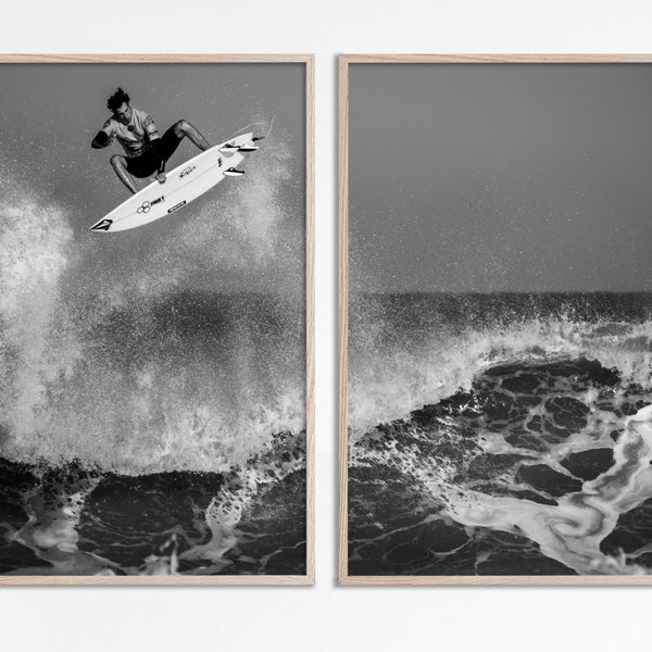 Surf Poster, Black White Surfing Wall Art Set, Male surfer Black and white surf prints set of 2 Ocean Beach print Surf Printable Beach Decor