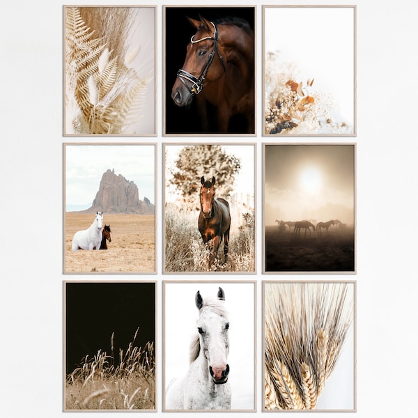 Printable Western Set of 9 horse Prints, Neutral colors wall art set of 9 equestrian prints, Western Farmhouse wall gallery bundle Download