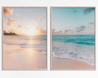 Beach house Above bed wall art, Soft pastel tones Beach sunset set of 2 prints Printable bedroom wall decor, Blush Pink Beach Sunset Print