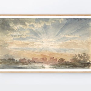 May include: A watercolor painting of a sunset over a body of water. The sky is filled with soft, pastel colors of pink, blue, and yellow. The sun is hidden behind the clouds, but its rays are visible, creating a radiant effect. The water is calm and reflective, reflecting the colors of the sky.