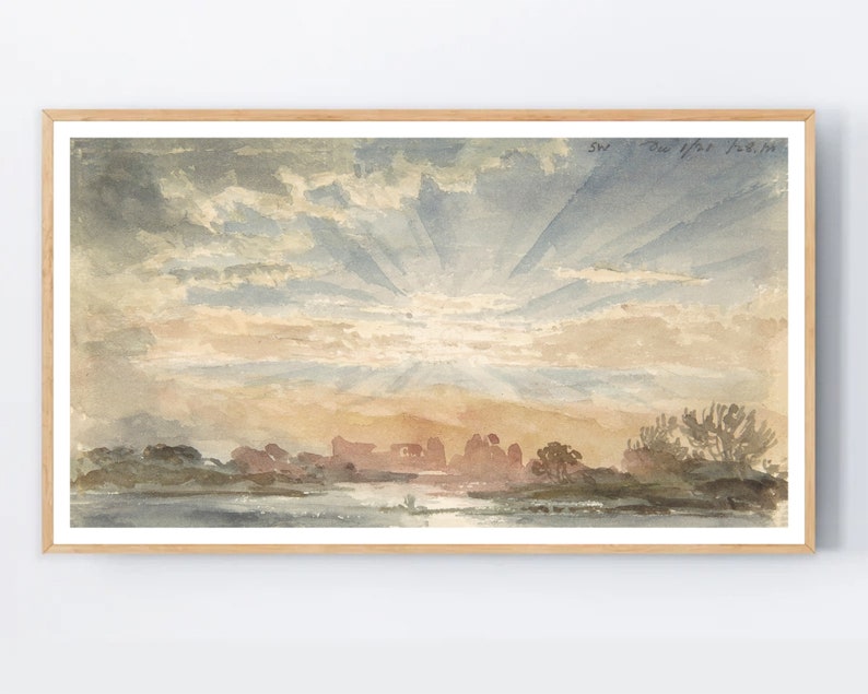 May include: A watercolor painting of a sunset over a body of water. The sky is filled with soft, pastel colors of pink, blue, and yellow. The sun is hidden behind the clouds, but its rays are visible, creating a radiant effect. The water is calm and reflective, reflecting the colors of the sky.