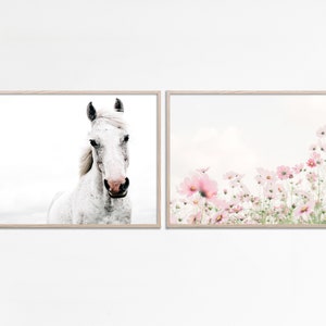 White horse print set of 2 horizontal prints Pink wildflowers Modern Farmhouse Decor, Horse Photography Print Horse Floral Wall Art Download