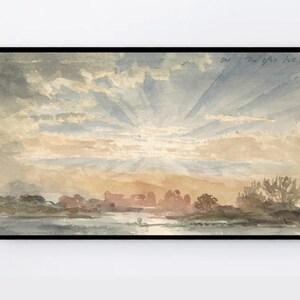 May include: A watercolor painting of a sunset over a lake with a line of trees in the foreground. The sky is filled with clouds and the sun is shining through them, creating a radiant effect. The painting is dated "SW. One Year Feb. 1836."