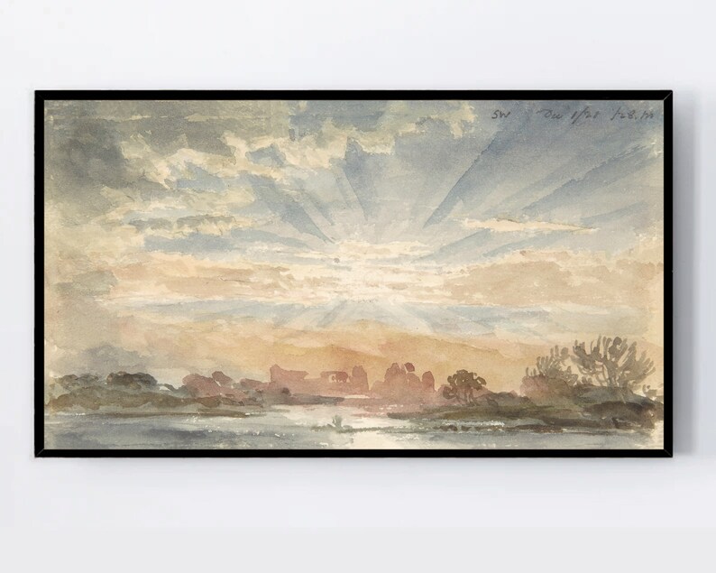 May include: A watercolor painting of a sunset over a lake with a line of trees in the foreground. The sky is filled with clouds and the sun is shining through them, creating a radiant effect. The painting is dated "SW. One Year Feb. 1836."