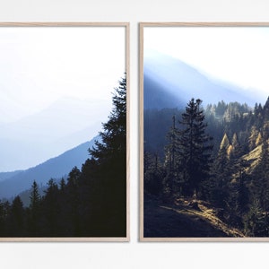 Conjunto de 2 impressões de montanha azul, decoração de casa de montanha para quarto em estilo florestal, arte de parede de montanha, díptico para impressão, conjunto de impressões de fotografia da natureza