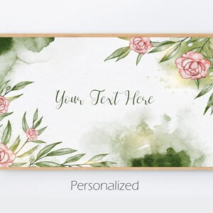 May include: A watercolor painting of a floral design with pink flowers and green leaves. The background is a light green watercolor wash. The text "Your Text Here" is written in cursive in the center of the image.