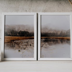 Pu&ograve; includere: Due fotografie di paesaggio incorniciate di un lago con alberi e montagne sullo sfondo. Il lago &egrave; ricoperto di ninfee e l'acqua &egrave; di un colore blu chiaro. Le cornici sono bianche e le foto sono appese a un muro bianco.