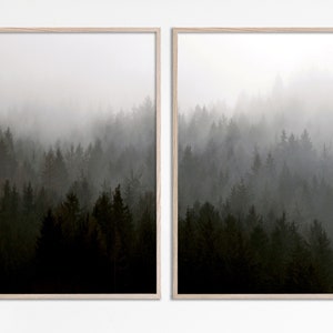 Set of 2 printable Scandinavian Nordic Mountain Mist Forest photography Black and white foggy forest posters trees digital photo download