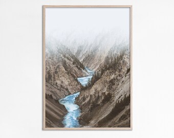 Impresión de arte de pared de río de montaña, decoración rústica de las Montañas Rocosas, impresión de paisaje fotográfico del río de la montaña de Yellowstone, río entre montañas digital